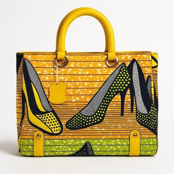Halo & Way Handbags - Halo & Way Ankara Wax Print Leather Tote Yellow Green Heels Bag Boho Retro Y2K